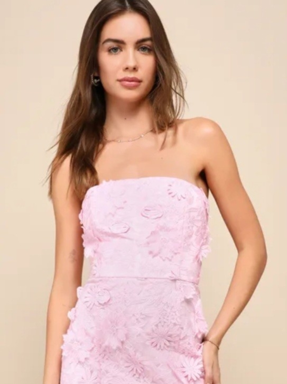 Lulu's Strapless Pink 3D Floral Embroidered Midi Dress, Size Medium - Picture 7 of 9